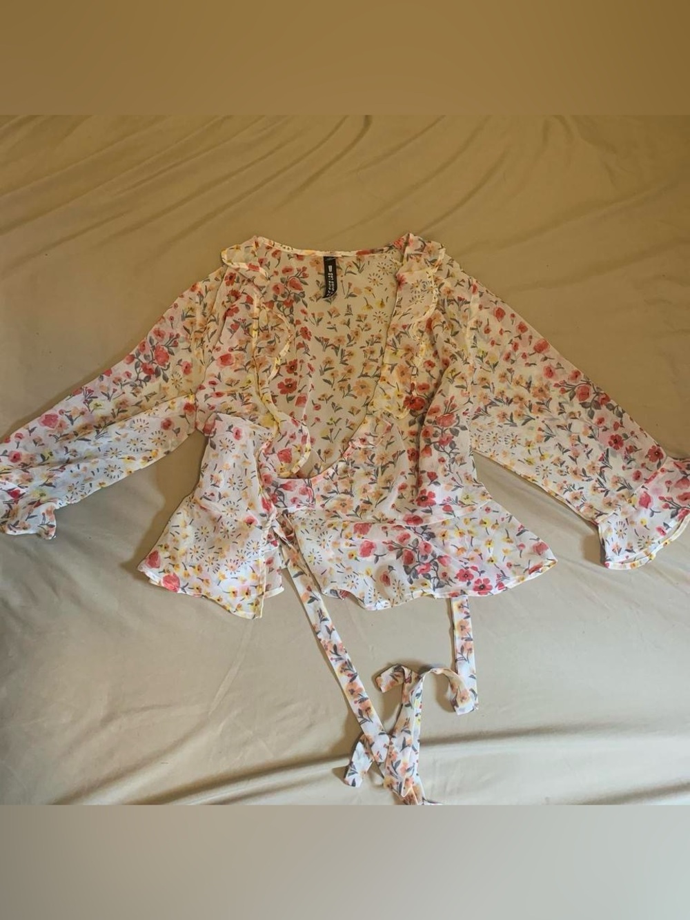 Reserved White Floral Wrap Blouse with Pink & Yellow Accents